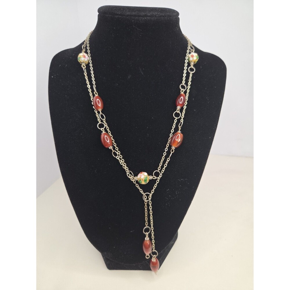 16" Vintg Chinese Cloisonné Enamel Carnelian Agate Multi Strand Y Necklace Boho
